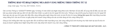 Vì sao giá vàng miếng SJC giảm mạnh? - Ảnh 2. Thông cáo mà Công ty SJC phát đi trưa nay - Ảnh chụp màn hình