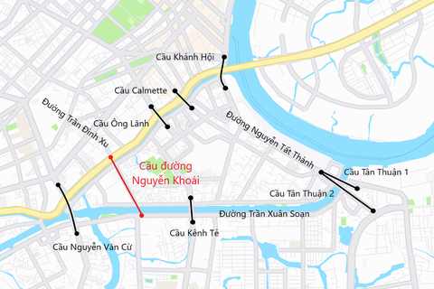 Toàn cảnh trục đường Nguyễn Khoái sẽ xây thêm cầu kết nối 3 quận ở TP.HCM - Ảnh 10. Quận 4 có địa giới như một cù lao hình tam giác, xung quanh đều là sông và kênh rạch. Hiện nay, quận 4 kết nối với quận 7 thông qua cầu Kênh Tẻ, Tân Thuận 1 và Tân Thuận 2; kết nối với quận 1 bằng cầu Ông Lãnh, Calmette và Khánh Hội. Quận 1 và quận 5 kết nối quận 4 và quận 8 thông qua cầu Nguyễn Văn Cừ. Vào giờ cao điểm, tình trạng ùn tắc giao thông xuất hiện tại các vị trí kết nối nêu trên và đường Nguyễn Tất Thành. Do đó, dự án cầu đường Nguyễn Khoái được kỳ vọng sẽ giảm áp lực giao thông tại khu vực này, tăng kết nối khu Nam với trung tâm TP - Đồ họa: PHƯƠNG NHI