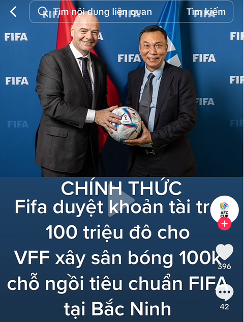 VFF nói gì khi được FIFA trao 100 triệu USD xây sân vận động? - Ảnh 1. Một bản tin trên TikTok nói về việc FIFA tài trợ 100 triệu USD cho VFF xây sân vận động, đưa cả ảnh chủ tịch FIFA và chủ tịch VFF lên - Ảnh chụp màn hình