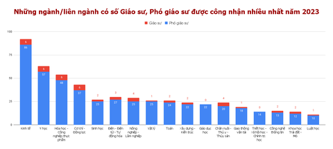 Bức tranh tân giáo sư, phó giáo sư năm 2023: Ngành kinh tế áp đảo - Ảnh 1. Những ngành, liên ngành có số tân giáo sư, phó giáo sư được công nhận nhiều nhất năm 2023 - Đồ họa: TRỌNG NHÂN