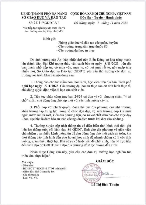 Đà Nẵng xuất hiện công văn giả cho học sinh nghỉ học - Ảnh 1. Công văn giả mạo được lan truyền trên mạng sáng sớm nay - Ảnh: ĐOÀN NHẠN chụp lại