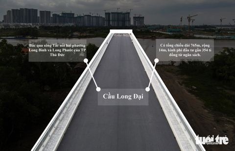 Ngắm cầu Long Đại ‘trăm tỉ’ ở TP Thủ Đức sắp thông xe - Ảnh 1. Theo thiết kế, cầu Long Đại có tổng chiều dài 765m. Trong đó đoạn cầu chính bắc qua sông Tắc dài 493m, đường dẫn 2 đầu cầu là 272m với bề rộng 14m cho 4 làn xe