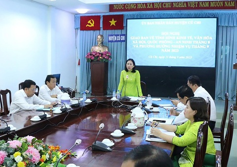 Củ Chi quyết liệt chấm dứt quảng cáo rao vặt trên cột điện, trụ đèn...- Ảnh 1. Chủ tịch UBND huyện Củ Chi chỉ đạo công tác xóa nạn quảng cáo rao vặt tại hội nghị - Ảnh: CTV