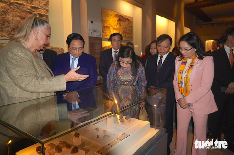 Thủ tướng và phu nhân thăm Bảo tàng Các nền văn minh Anatolia- Ảnh 2. Phu nhân Lê Thị Bích Trân quan sát kỹ các hiện vật được trưng bày tại bảo tàng - Ảnh: NGỌC AN