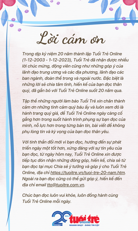 Lời cảm ơn của Tuổi Trẻ Online- Ảnh 1. Lời cảm ơn của Tuổi Trẻ Online- Ảnh 1.