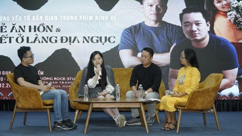 Đạo diễn Tết ở làng Địa Ngục mong khán giả ngày càng 'tin' dòng phim kinh dị Việt Nam- Ảnh 1. Từ trái qua: Nhà sản xuất Hoàng Quân, tác giả Thảo Trang, đạo diễn Trần Hữu Tấn trong buổi giao lưu - Ảnh: BTC