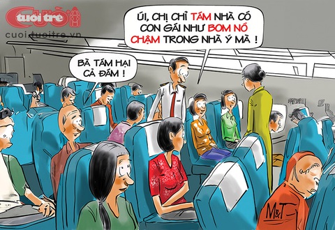 Chuyến bay bất ổn: Bà tám hại cả đám!- Ảnh 1. Chuyến bay bất ổn: Bà tám hại cả đám! - Tranh: Đỗ Minh Tuấn