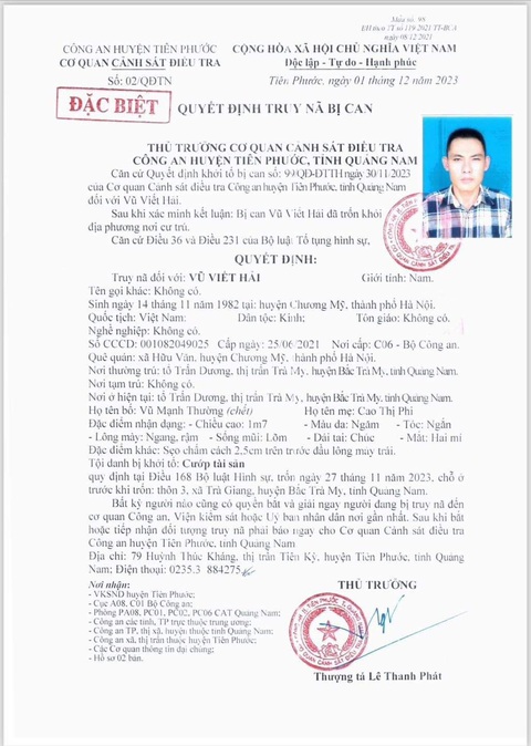 Truy nã đặc biệt nghi phạm cầm liềm kề cổ chủ cây xăng cướp tiền- Ảnh 3. Quyết định truy nã đối với Vũ Viết Hải - Ảnh: Công an cung cấp