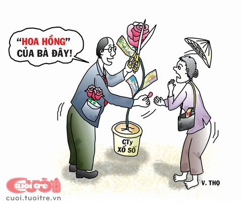 Vé số lãi kỷ lục: Ai cũng có 'hoa hồng'- Ảnh 3. Hoa hồng của người bán vé số dạo - Tranh: Trần Văn Thọ