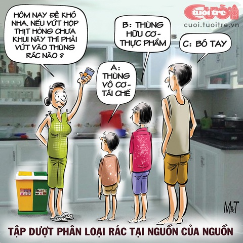 Tình huống khó xử trong... phân loại rác- Ảnh 1. Cả nhà tập dượt... phân loại rác - Tranh: Đỗ Minh Tuấn