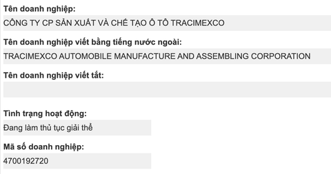 Ngân hàng rao bán cả triệu cổ phần doanh nghiệp ô tô đang làm thủ tục giải thể- Ảnh 1. Công ty cổ phần sản xuất và chế tạo ô tô Tracimexco đang làm thủ tục giải thể - Ảnh chụp màn hình