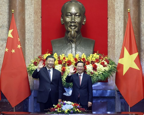 Toàn văn Tuyên bố chung Việt Nam - Trung Quốc- Ảnh 2. Sáng 13-12 tại Phủ Chủ tịch, Chủ tịch nước Võ Văn Thưởng hội kiến Tổng Bí thư, Chủ tịch nước Trung Quốc Tập Cận Bình thăm cấp Nhà nước tới Việt Nam - Ảnh: TTXVN