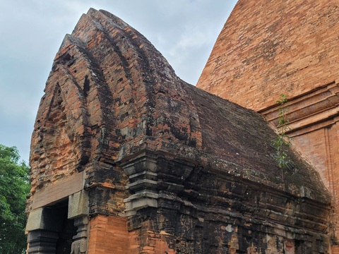 Tu bổ, gia cố di tích Tháp Bà Ponagar- Ảnh 4. Một số phần trên tháp Nam bị sót mòn gạch, phủ rêu, cây - Ảnh: TRẦN HƯỚNG