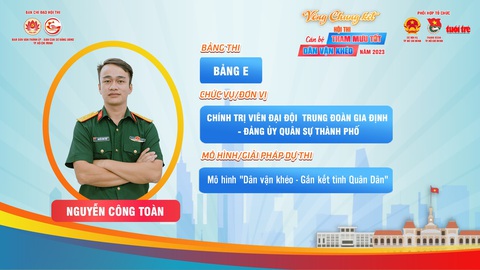 5 thí sinh xuất sắc Hội thi cán bộ tham mưu tốt - dân vận khéo- Ảnh 6. Thí sinh Nguyễn Công Toàn (bảng E), chính trị viên đại đội Trung đoàn Gia Định - Đảng ủy Quân sự thành phố