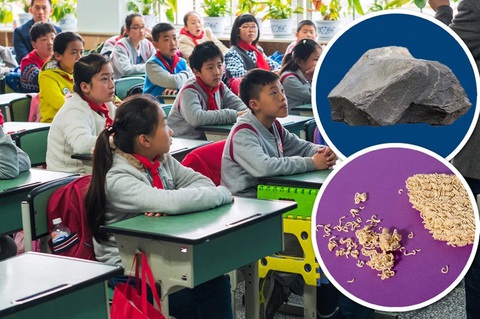 Cô giáo gây sốt khi dùng mì tôm và đá dạy trò chống bạo lực học đường- Ảnh 1. Cô giáo sử dụng phép ẩn dụ vật lý về việc nghiền nát một gói mì tôm giòn dễ dàng để miêu tả sự yếu đuối. Sau đó, cô Jian cũng làm tương tự với một hòn đá để cho cả lớp thấy một ví dụ về sức mạnh - Ảnh: Douyin