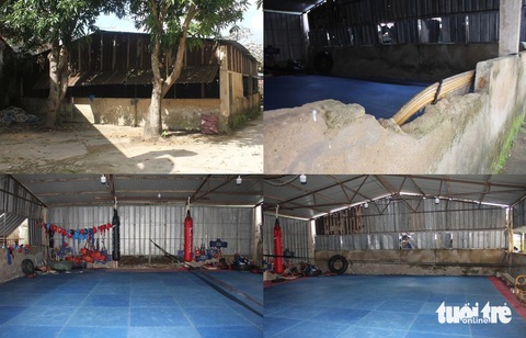 Trung tâm thể thao xuống cấp, vận động viên tập luyện trong nhà xe- Ảnh 5. Nơi tập luyện của 10 vận động viên bộ môn kick boxing là khu nhà rộng khoảng 40m2 được xây dựng từ năm 2003. Nhà có mái lợp bằng tôn đã gỉ sét, tường gạch đã đổ và thiếu thốn dụng cụ tập luyện - Ảnh: LÊ MINH