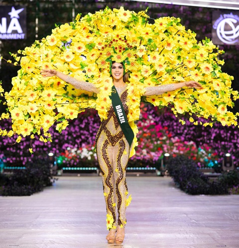 Bộ trang phục của Brazil được lấy cảm hứng từ cây brazilwood - một loài cây có nguồn gốc từ rừng nhiệt đới Brazil. Cây có vảy và hoa màu vàng, bị đe dọa tuyệt chủng. Thiết kế này được làm bằng vật liệu tái chế, nhựa và giấy nghệ thuật. Hoa, lá và các đường màu nâu tượng trưng cho thân cây được vẽ bằng tay. Thiết kế hướng đến thông điệp bảo tồn thiên nhiên của chúng ta Bộ trang phục của người đẹp Brazil được lấy cảm hứng từ cây brazilwood - một loài cây có nguồn gốc từ rừng nhiệt đới Brazil. Cây có vảy và hoa màu vàng, bị đe dọa tuyệt chủng. Thiết kế này được làm bằng vật liệu tái chế, nhựa và giấy nghệ thuật. Hoa, lá và các đường màu nâu tượng trưng cho thân cây được vẽ bằng tay. Thiết kế hướng đến thông điệp bảo tồn thiên nhiên - Ảnh: BTC