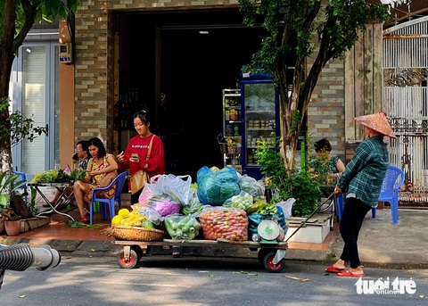 Cô Lan và con gái (áo đỏ) kéo xe rau đi bán dạo - Ảnh MẠNH DŨNG Cô Lan và con gái (áo đỏ) kéo xe rau đi bán dạo - Ảnh MẠNH DŨNG