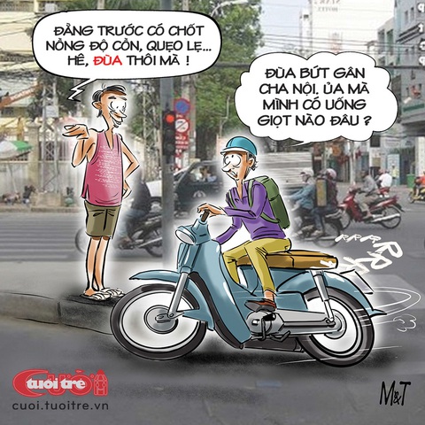 Không uống vẫn sợ đo nồng độ cồn- Ảnh 1. Không uống vẫn sợ đo nồng độ cồn - Tranh: Đỗ Minh Tuấn