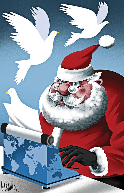 Bó tay với ông già Noel 2023- Ảnh 1. Bồ câu hòa bình, món quà quý cho cả hành tinh - tranh của họa sĩ Bồ Đào Nha Vasco Gargalo.