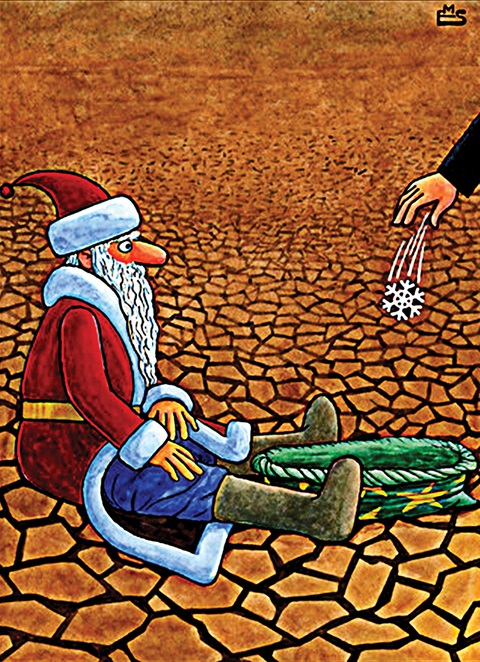 Bó tay với ông già Noel 2023- Ảnh 2. Ông già Noel quyên góp… tuyết cho Trái đất khô hạn - tranh của Makhmud Eshonkulov, họa sĩ Uzbekistan.