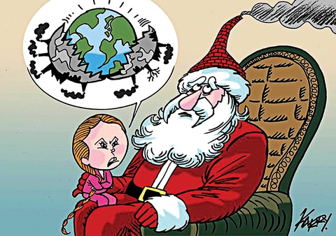 Bó tay với ông già Noel 2023- Ảnh 3. Ông già Noel vẫn bó tay với món quà “Hành tinh bớt ô nhiễm” - tranh của Julio Carrin Cueva, họa sĩ Peru.