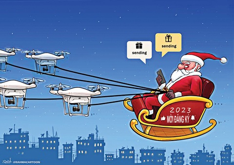 Bó tay với ông già Noel 2023- Ảnh 5. Thời 4.0, với drone thay tuần lộc, gởi quà qua mạng - tranh của họa sĩ Thổ Nhĩ Kỳ Rahma.