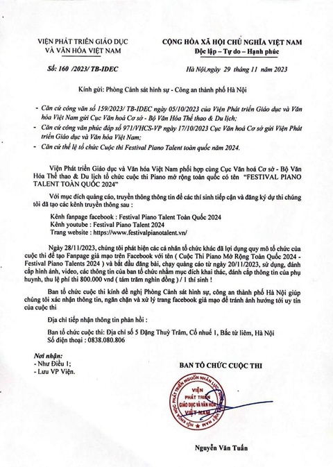 Cuộc thi Festival Piano Talent Toàn Quốc 2024 đã gửi đơn lên Phòng cảnh sát hình sự, Công an TP Hà Nội - Ảnh: BTC Cuộc thi Festival Piano Talent toàn quốc 2024 đã gửi đơn lên Phòng cảnh sát hình sự, Công an TP Hà Nội - Ảnh: BTC