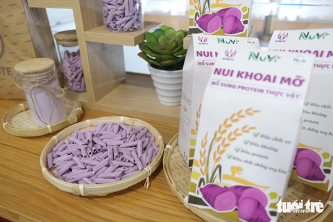 Gen Z gây bất ngờ trong sáng tạo chế biến nông sản- Ảnh 5. Các bạn sinh viên đã nghiên cứu ra nui ăn liền từ khoai mỡ - Ảnh: NGỌC PHƯỢNG