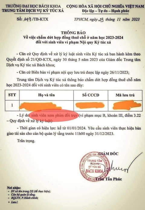 Sinh viên coi phim sex, ký túc xá Bách khoa đuổi luôn- Ảnh 2. Thông báo của Trung tâm dịch vụ Ký túc xá Bách khoa