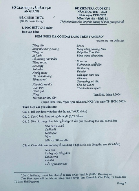 Đáp án đề thi lớp 12 ở An Giang về 'Dạ cổ hoài lang' gây tranh cãi- Ảnh 1. Đề thi và đáp án môn ngữ văn lớp 12 ở An Giang gây tranh cãi - Ảnh: C.H.