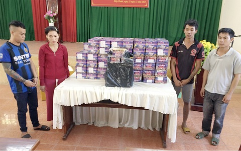 Giám đốc cầm đầu đường dây đưa pháo lậu từ Kon Tum về Đồng Nai- Ảnh 1. Pháo lậu và các nghi can bị bắt giữ trong vụ án - Ảnh: Công an cung cấp