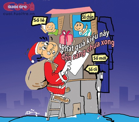 Trăm sự rắc rối của ông già Noel 2023- Ảnh 3. Ông già Noel bị sang chấn tâm lý vì cái số nhà - Tranh: Anh Dũng