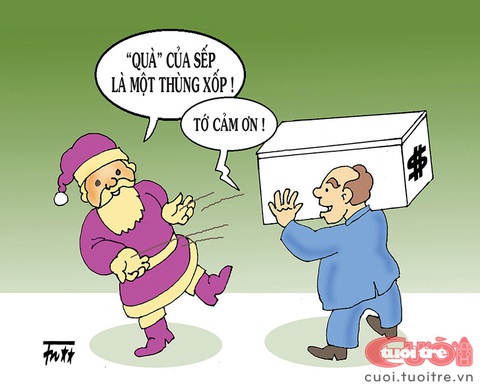 Trăm sự rắc rối của ông già Noel 2023- Ảnh 1. Ông già Noel dỏm và cái thùng xốp - Tranh: Tín Nhượng