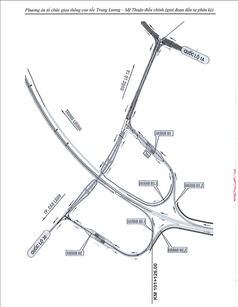 Nâng tốc độ tối đa cao tốc Trung Lương - Mỹ Thuận lên 90km/h- Ảnh 1. Sơ đồ phân luồng giao thông tại nút giao An Thái Trung (tỉnh Tiền Giang), điểm kết nối cao tốc Trung Lương - Mỹ Thuận vào cầu Mỹ Thuận 2 - Ảnh: Sở Giao thông vận tải Tiền Giang cung cấp