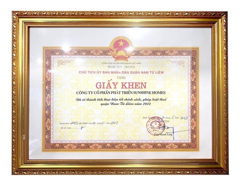 UBND quận Nam Từ Liêm, TP Hà Nội trao tặng giấy khen cho Tập đoàn Sunshine UBND quận Nam Từ Liêm, TP Hà Nội trao tặng giấy khen cho Tập đoàn Sunshine