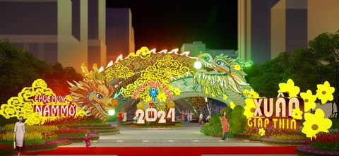Phác thảo mới nhất về thuyền rồng, hoa xuân trên đường hoa Nguyễn Huệ 2024- Ảnh 2. “Lưỡng long triều liên” (đôi rồng chầu sen), đại cảnh cổng mở gồm hai linh vật rồng