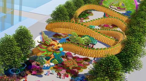 Phác thảo mới nhất về thuyền rồng, hoa xuân trên đường hoa Nguyễn Huệ 2024- Ảnh 1. Đại cảnh “Nhất đại Thăng Long” là đại cảnh lớn nhất trên đường hoa, với diện tích bao phủ hơn 1.000m2