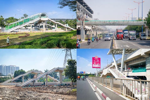 Ngắm các cầu đi bộ băng qua xa lộ, nối metro số 1- Ảnh 7. Trong ảnh lần lượt từ trái qua phải là cầu bộ hành Khu công nghệ cao, Bình Thái, Phước Long, Tân Cảng - Ảnh: TIẾN QUỐC