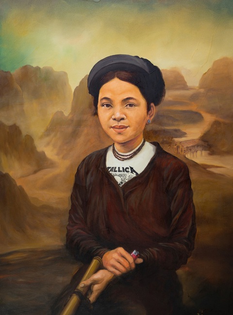 Tạm biệt nỗi buồn, cười Ha ha ha cùng Trần Trung Lĩnh- Ảnh 3. Nàng Mona Annam với thuốc lào, áo pull ẩn chữ Metallica vừa quen vừa lạ, lấy cảm hứng từ tranh của Leonardo da Vinci. Đây là tranh Trần Trung Lĩnh thích nhất, cũng là bức gây ấn tượng mạnh tại triển lãm.