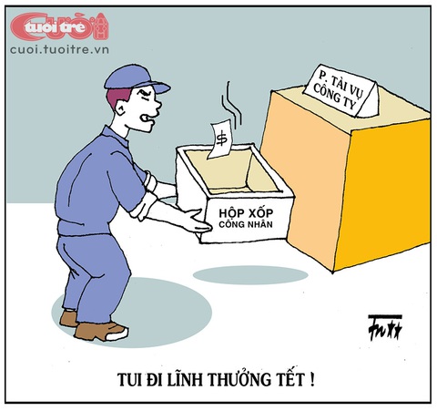 Công nhân đi lãnh thưởng Tết bằng... hộp xốp- Ảnh 1. Công nhân đi lãnh thưởng Tết bằng... hộp xốp - Tranh: Tín Nhượng