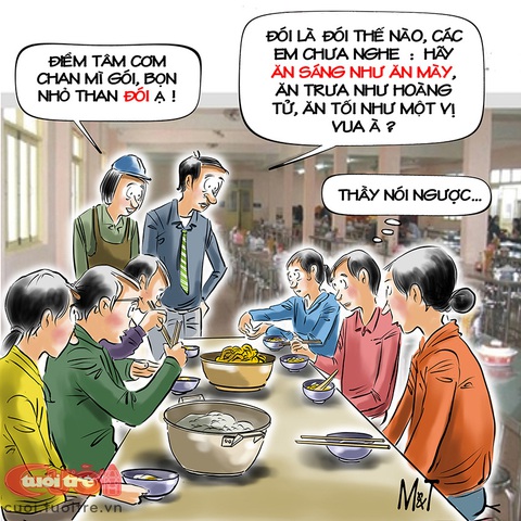 Cơm học sinh: Hãy ăn sáng như ăn mày!- Ảnh 1. Suất cơm học sinh: Hãy ăn sáng như ăn mày! - Tranh: Đỗ Minh Tuấn