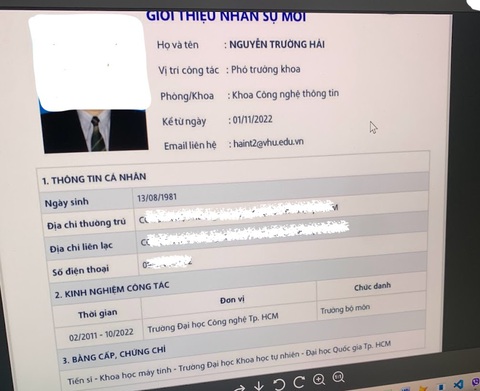 Giảng viên xài bằng tiến sĩ giả biến lý lịch khoa học người khác thành của mình- Ảnh 1. Thông tin giới thiệu nhân sự mới là ông Nguyễn Trường Hải với chức vụ phó trưởng khoa công nghệ thông tin đăng trên website Trường đại học Văn Hiến năm 2022