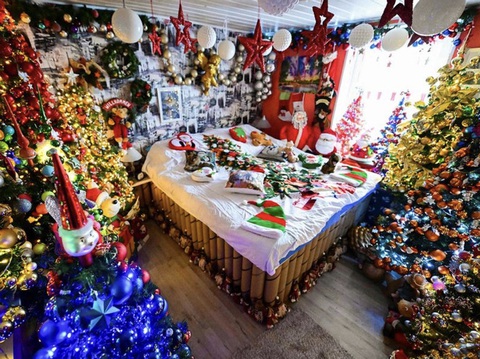 Ngôi nhà được trang trí 555 cây thông Noel của vợ chồng người Đức- Ảnh 3. Thậm chí, giường ngủ cũng bị "bao vây" bởi cây thông Noel cùng những vật phẩm trang trí.