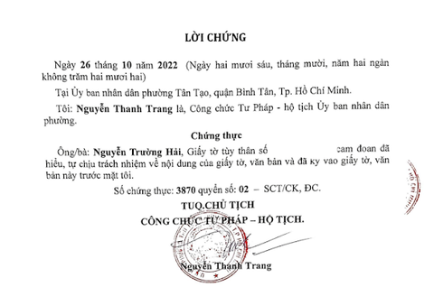 Giảng viên xài bằng tiến sĩ giả biến lý lịch khoa học người khác thành của mình- Ảnh 2. Lý lịch khoa học của ông Nguyễn Trường Hải được chứng thực tại phường Tân Tạo, quận Bình Tân, TP.HCM