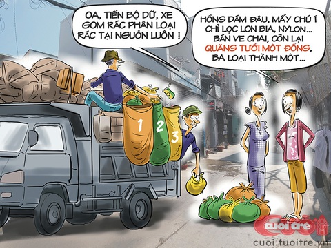 Phân loại rác 3 trong 1- Ảnh 1. Phân loại rác 3 trong 1 - Tranh biếm họa của Đỗ Minh Tuấn
