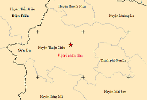 Động đất 3 độ ở Sơn La- Ảnh 1. Bản đồ tâm chấn trận động đất - Ảnh: Viện Vật lý địa cầu
