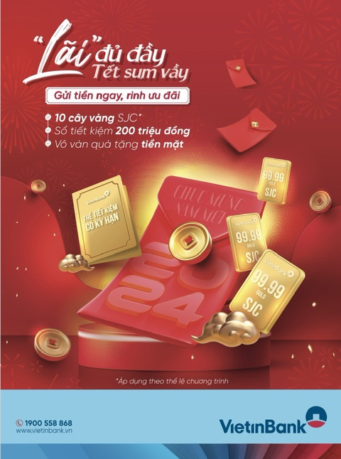 Gửi tiền tại VietinBank có cơ hội trúng giải đặc biệt 10 lượng vàng- Ảnh 1. Khi gửi tiền tại VietinBank, khách hàng không chỉ được nhận quà tặng bằng tiền, sổ tiết kiệm mà còn có cơ hội trúng giải đặc biệt 10 lượng vàng SJC - Ảnh: VTB