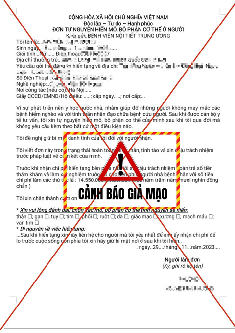 Đơn đăng ký hiến tạng được đối tượng giả mạo để lừa đảo - Ảnh: BVCC Đơn đăng ký hiến tạng do đối tượng giả mạo để lừa đảo - Ảnh: BVCC
