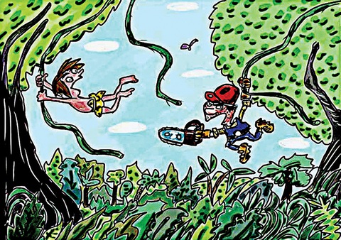 Cổ tích buồn về… Tarzan thế kỷ 21- Ảnh 1. Tarzan thế kỷ 21 bị… lâm tặc truy đuổi - tranh của Evzen David, họa sĩ người Czech.